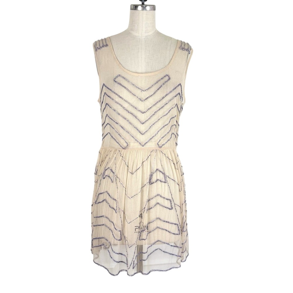 Free People Slip Mini Dress Embellished Mesh Sheer XS Sequin Party Fairy Whimsy - Picture 2 of 10